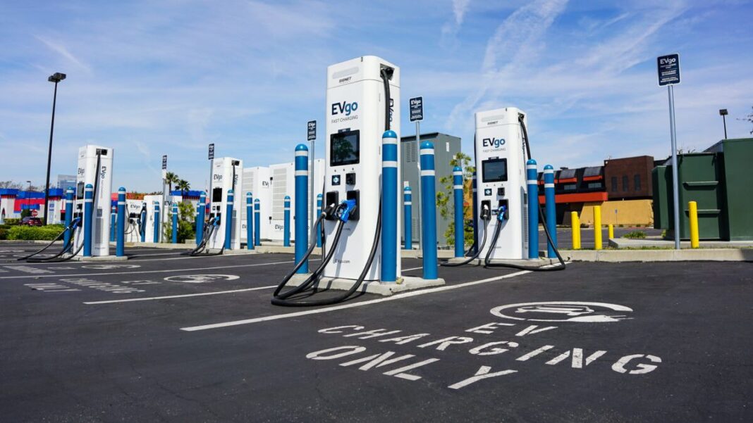 An EVGo station for charging electric vehicles in Irvine, CA