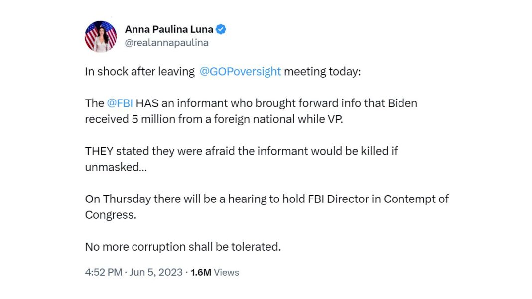 Anna Paulina Tweet about FBI Informant's fear of being killed.