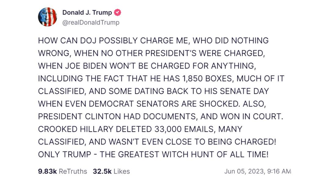 Trump Witch Hunt post about the Smith investigation from Truth Social