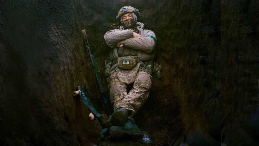 Ukrainian soldier wearing a patch containing the Totenkopf symbol, an example of Nazi iconography.