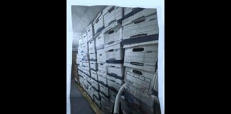 A photo of some of the 61 boxes that federal authorities say were stacked in a storage room at former President Donald Trump's home at Mar-a-Lago.