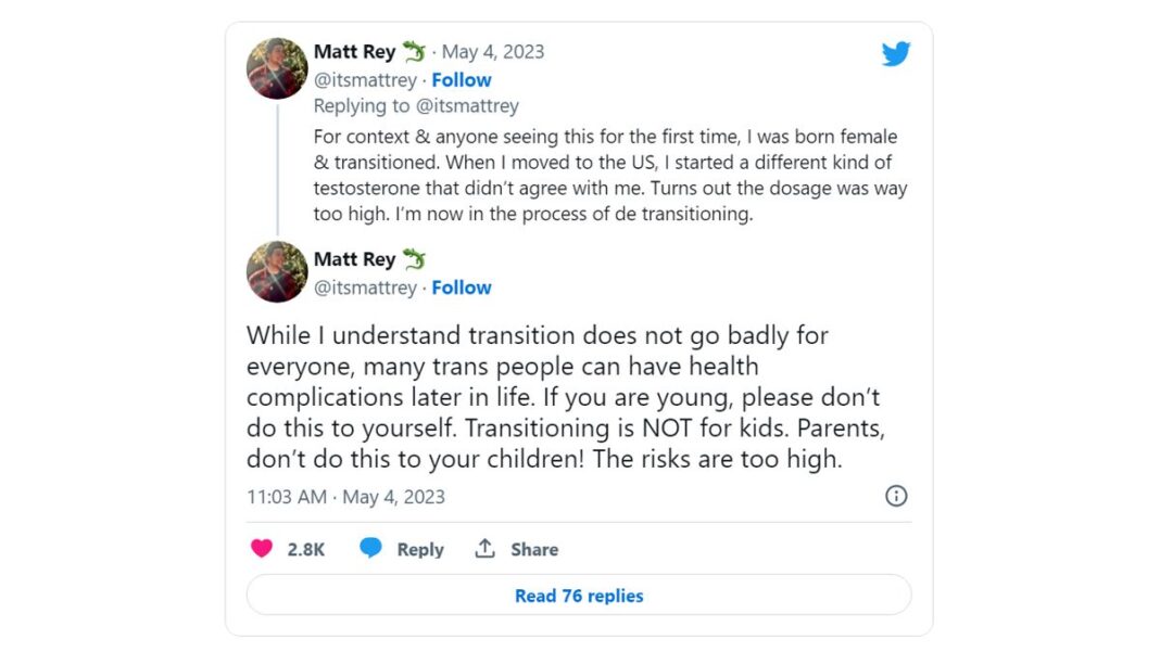 Matt Rey Tweet on Transitioning