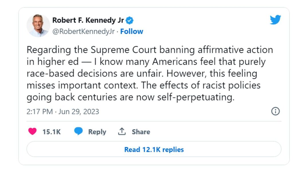 Robert F Kennedy Jr Tweet on Race-Based Decisions