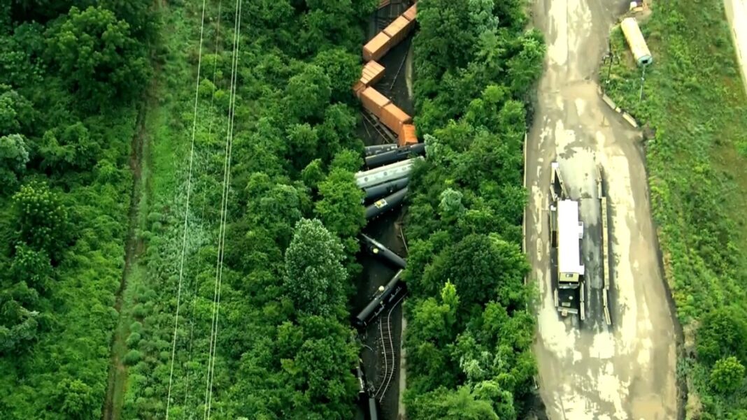 Derailed train cars in Whitemarsh Township, Pa., on July 17, 2023