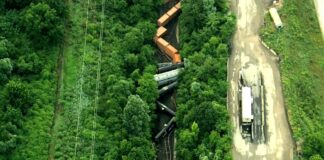 Derailed train cars in Whitemarsh Township, Pa., on July 17, 2023