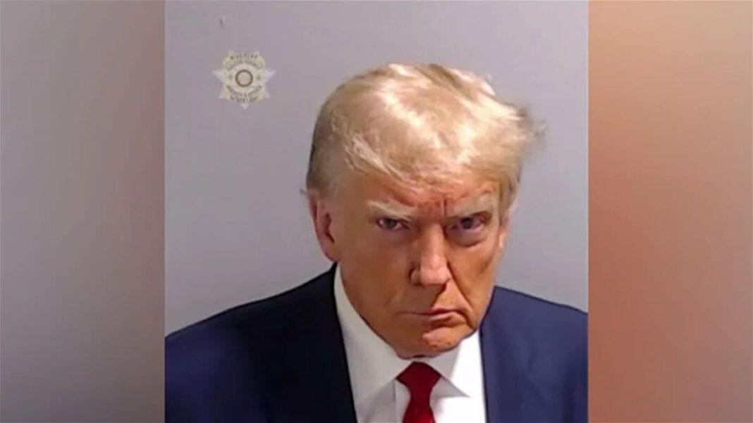 Booking photo of former President Donald Trump as he was booked and released on bond at the Fulton County Jail in Atlanta, Ga.,