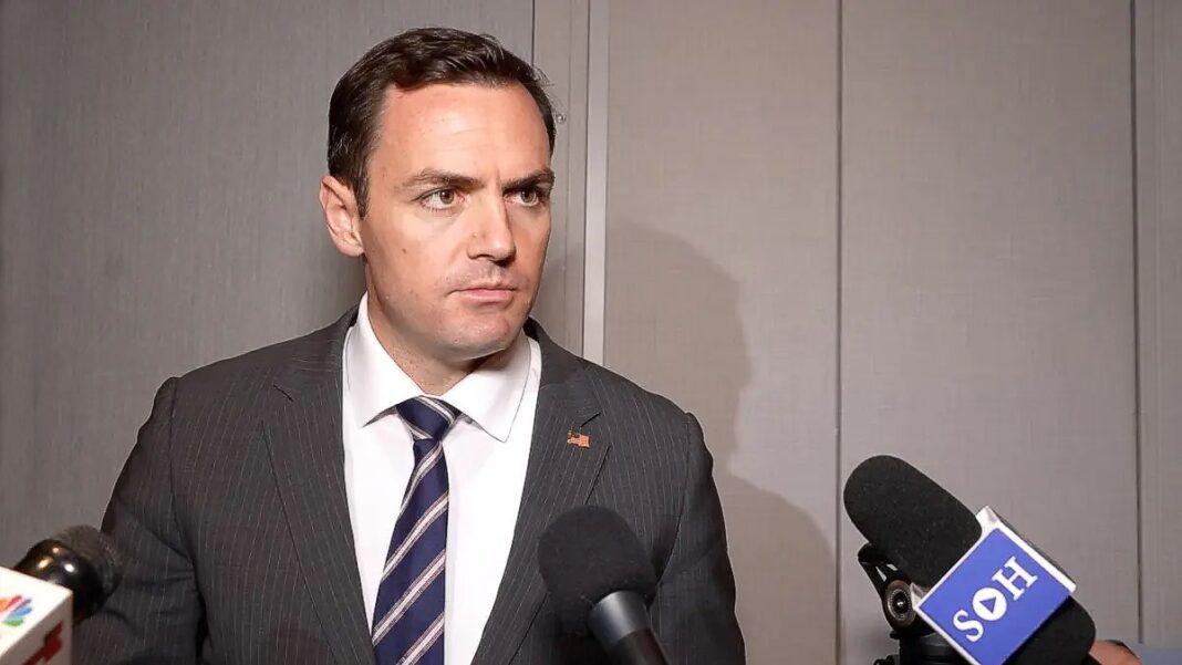 Rep. Mike Gallagher (R-Wis.) speaks with the press in San Francisco on Nov. 11, 2023.