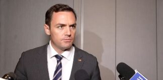 Rep. Mike Gallagher (R-Wis.) speaks with the press in San Francisco on Nov. 11, 2023.