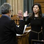 Aaron Peskin, President of the Board of Supervisors, swears in appointee Kelly Wong to the San Francisco Elections Commission at City Hall in San Francisco on Feb. 14, 2024. (Beth LaBerge/KQED)