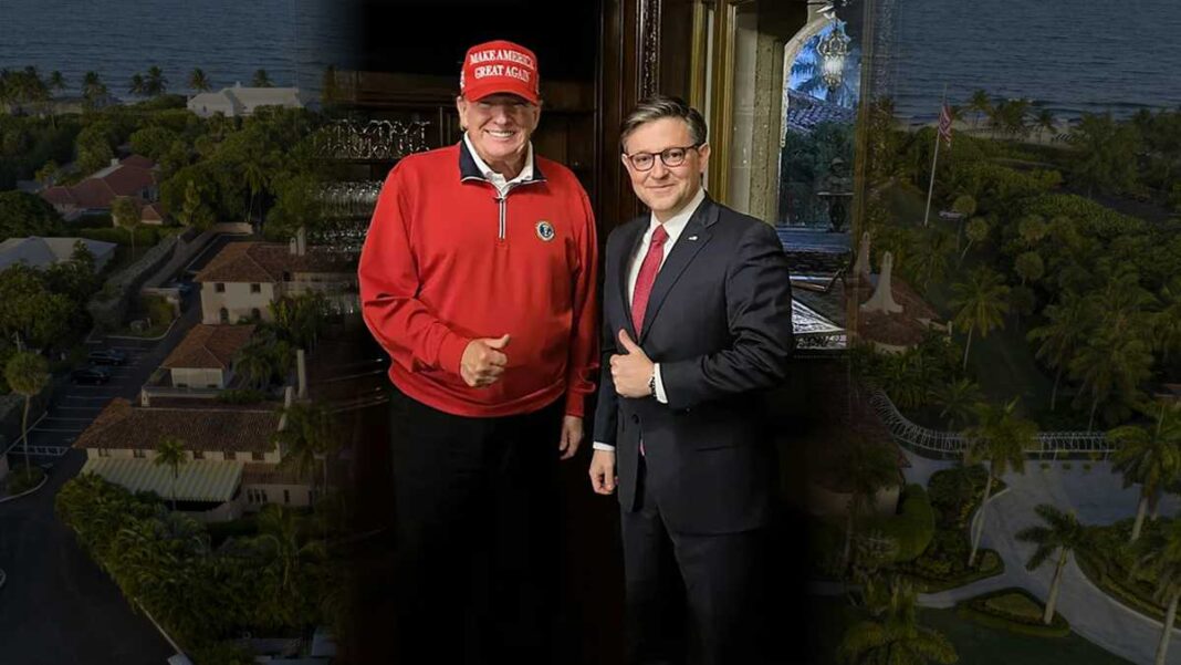 President Donald Trump and Speaker Mike Johnson at Mar-A-Lago in February 2024.