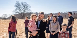 Paul Vaughn holds his youngest daughter alongside his wife Bethany Vaughn and 8 of their 11 children, in the backyard of their home in Centerville, Tenn., on Feb. 20, 2024.