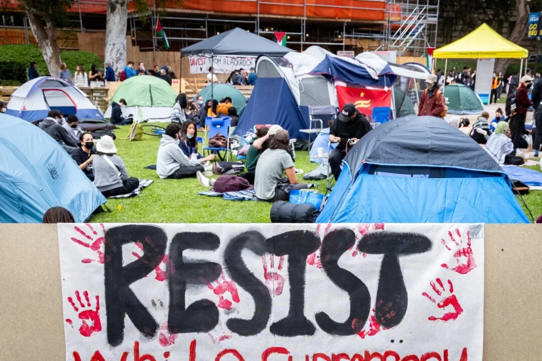 UCLA students protest the Israel-Hamas conflict, on the UCLA campus in Los Angeles on April 25, 2024.