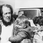 Aleksandr Solzhenitsyn with his family at the Zurich airport, in March 1974. Ignat is in his left arm.