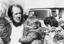 Aleksandr Solzhenitsyn with his family at the Zurich airport, in March 1974. Ignat is in his left arm.