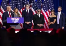 Trump Returning to White House With a Bigger Mandate Trump Vance and families at campaign watch party after winning-2024 Presidential election