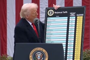 Trump speaks during a 'Make America Wealthy Again' trade announcement event in the Rose Garden at the White House on April 2, 2025.