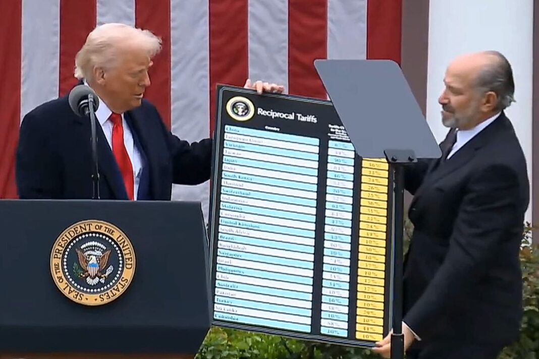 President Donald Trump holds a chart next to Secretary of Commerce Howard Lutnick as the president delivers remarks on tariffs in the Rose Garden of the White House on April 2, 2025.