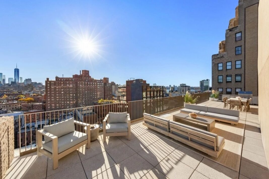 Penthouse terrace of a 4-bedroom, 4.5 bath, 3,619 SF condo in Greenwich Village, Manhattan, listed at $11.9 million.