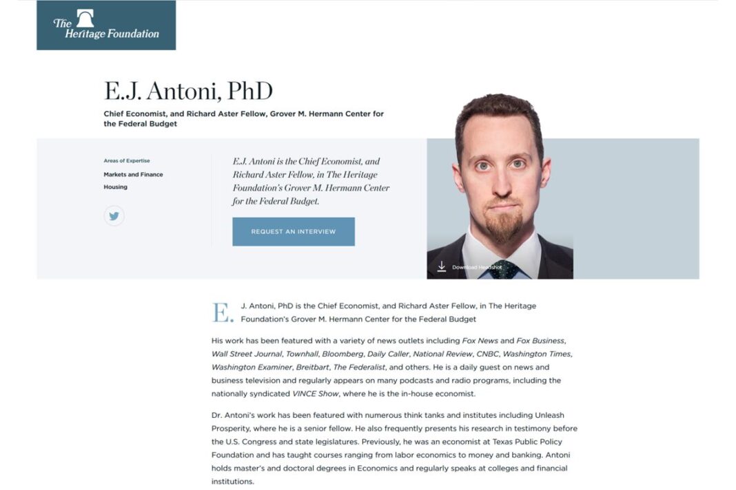 News Release Heritage Foundation Names EJ Antoni as Chief Economist