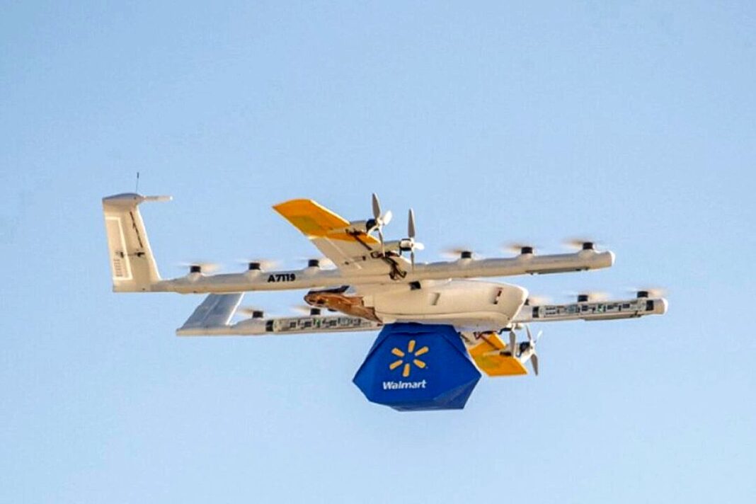 An undated photograph shows a Walmart drone delivering a package.