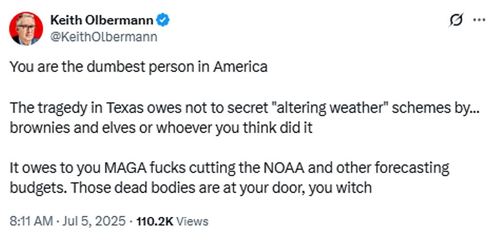 Keith Oberman post on X about Texas flood.