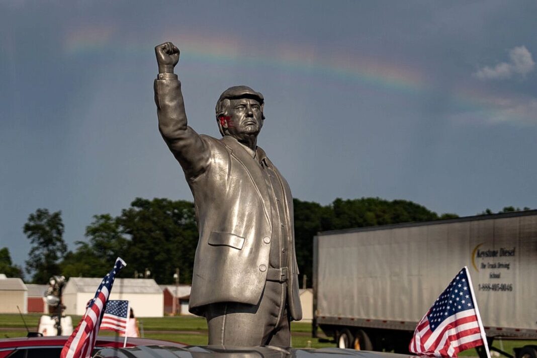 A sculpture of President Donald Trump at an event called the “Butler Miracle Anniversary” in Butler County, Pa., on July 13, 2025.