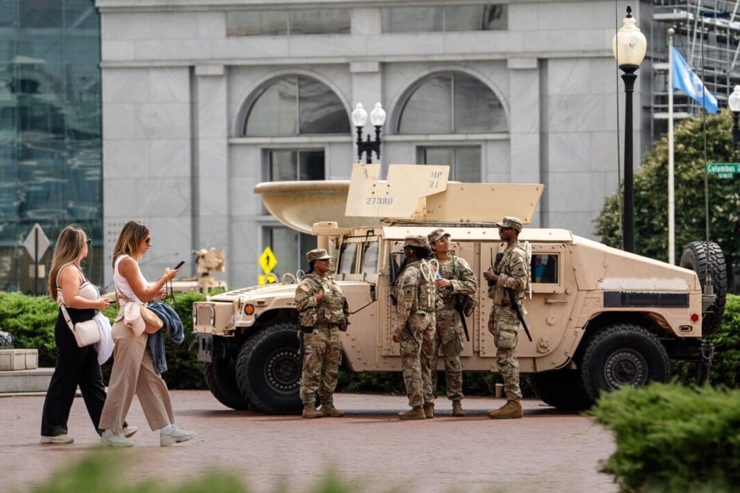 Members of the National Guard patrol at Union Station in Washington on Aug. 14, 2025.