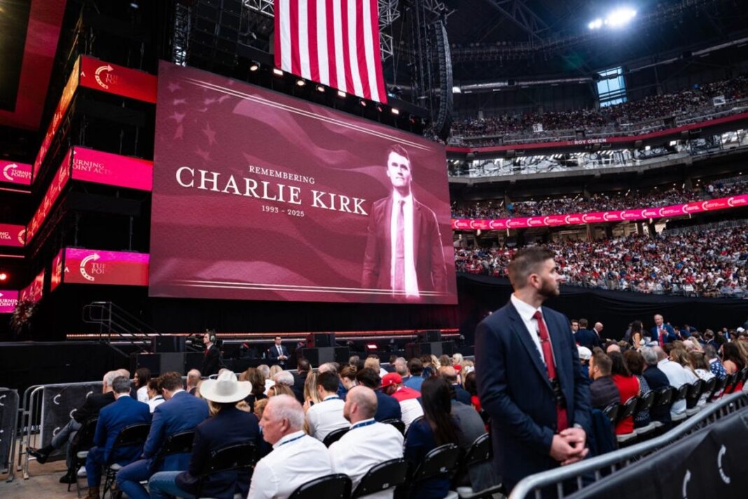 People take part in the Building a Legacy: Remembering Charlie Kirk memorial event at State Farm Stadium in Glendale, Ariz., on Sept. 21, 2025