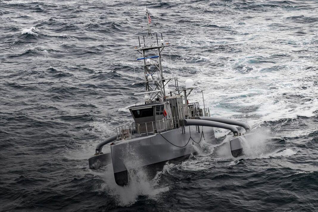A Seahawk medium displacement unmanned surface vessel participates in a U.S. battle rehearsal on the Pacific Ocean on April 21, 2021.