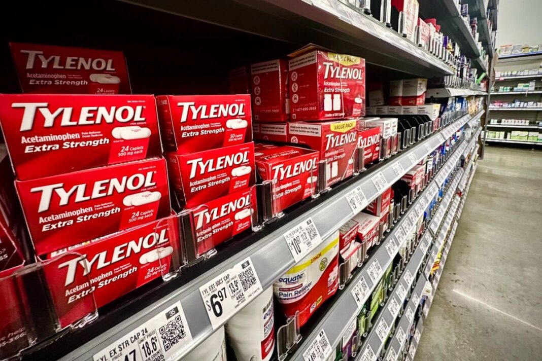 Tylenol lines the shelves of a store in Brandon, Miss., on Sept. 24, 2025.