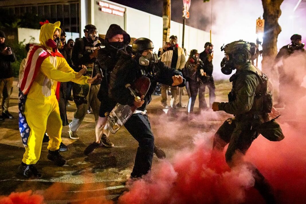 Antifa attacking ICE in Portland Ore on October 5, 2025.