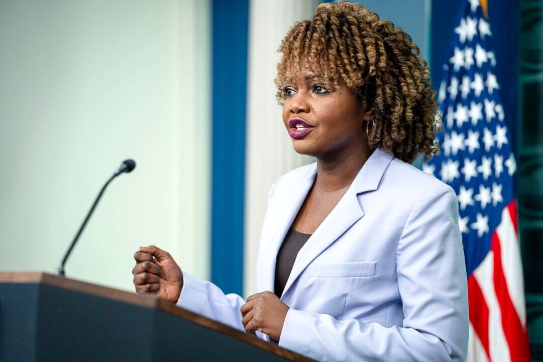 Karine Jean-Pierre holds the first press briefing since the presidential election results in Washington on Nov. 7, 2024.