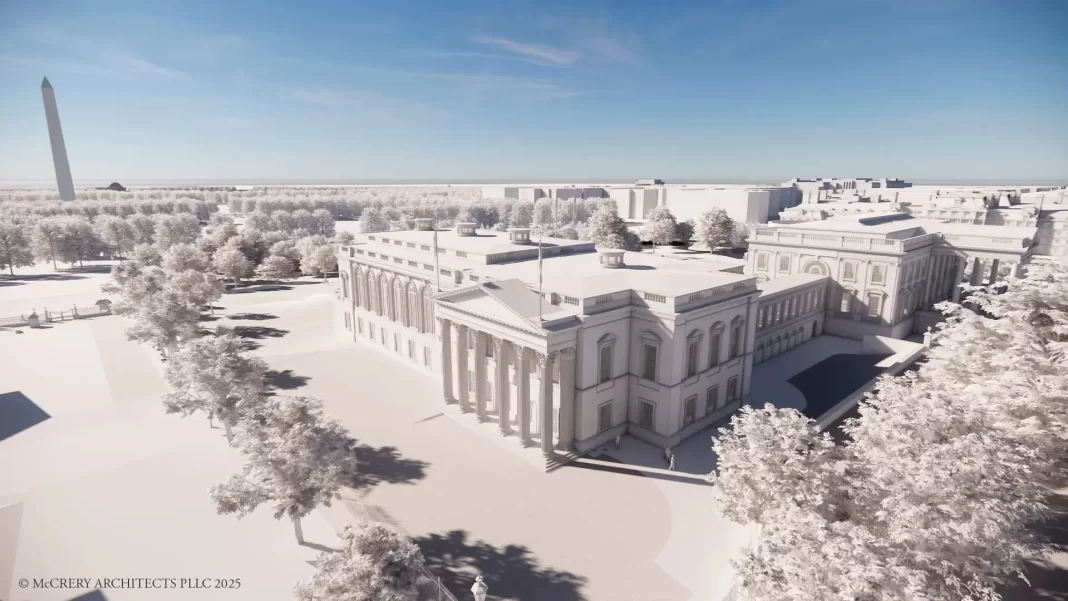 A rendering shows the White House’s exterior from the northeast after the East Wing renovation. The new 90,000-square-foot ballroom will accommodate up to 999 guests. Demolition of the East Wing began on Oct. 20.