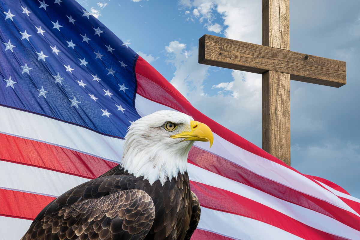 American Flag, Bald Eagle and Christian Cross Moontage.
