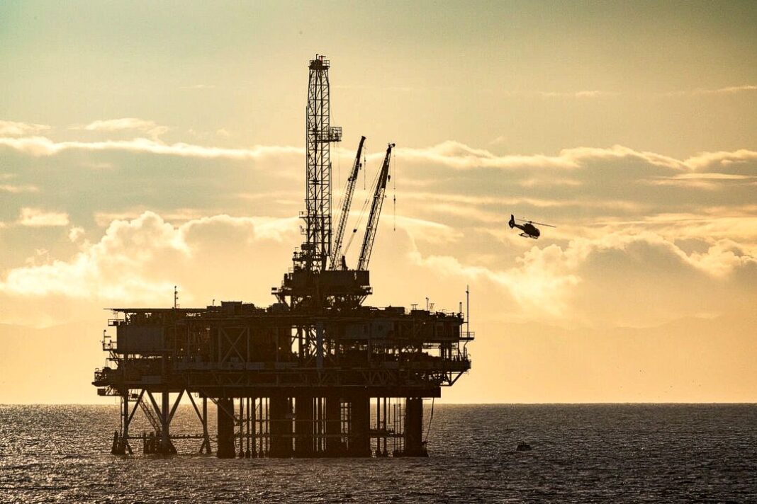 An oil platform off the coast of Huntington Beach, Calif., on Jan. 29, 2023