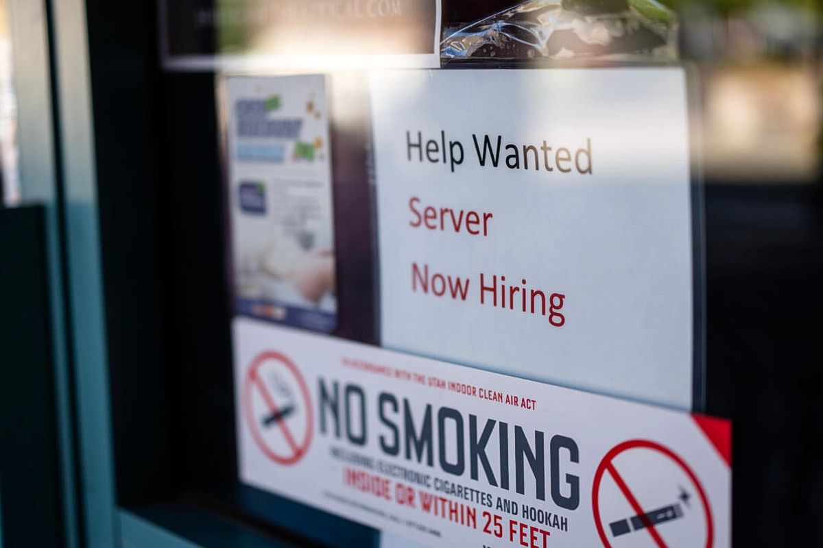 A now-hiring sign at a restaurant in St. George, Utah.