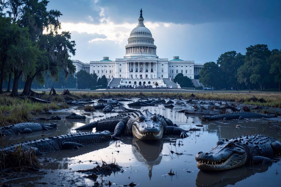 US Capitol surrounded by alligators in a swamp