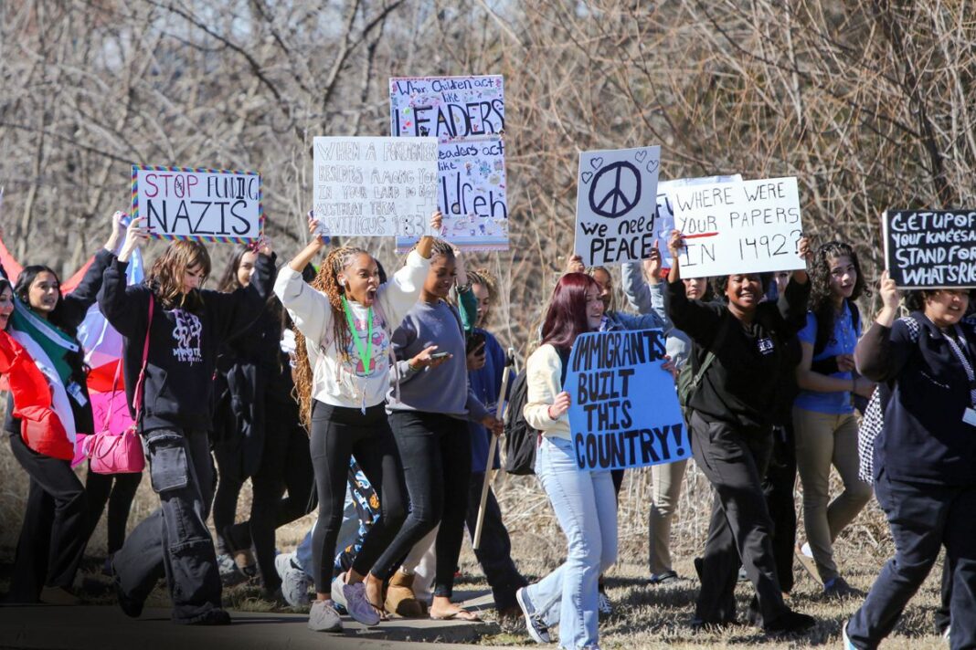 Students from North Forney High School participate in an anti-ICE walkout in Forney, Texas, on Feb. 5, 2026.