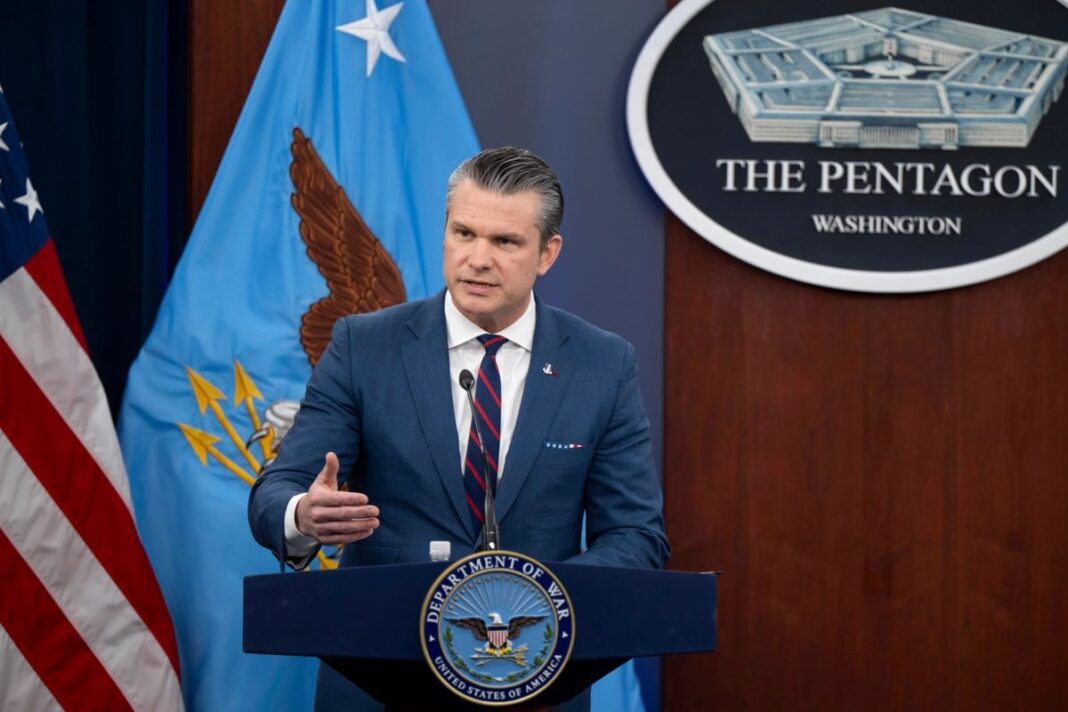 Secretary of War Pete Hegseth speaks at a press briefing on Operation Epic Fury at the Pentagon in Arlington, Va., on March 2, 2026