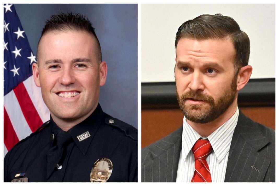 Det. Joshua Jaynes. and Sgt. Kyle Meany of the Louisville Metro Police Dept testifies in Louisville, Ky., on Feb. 23, 2022.