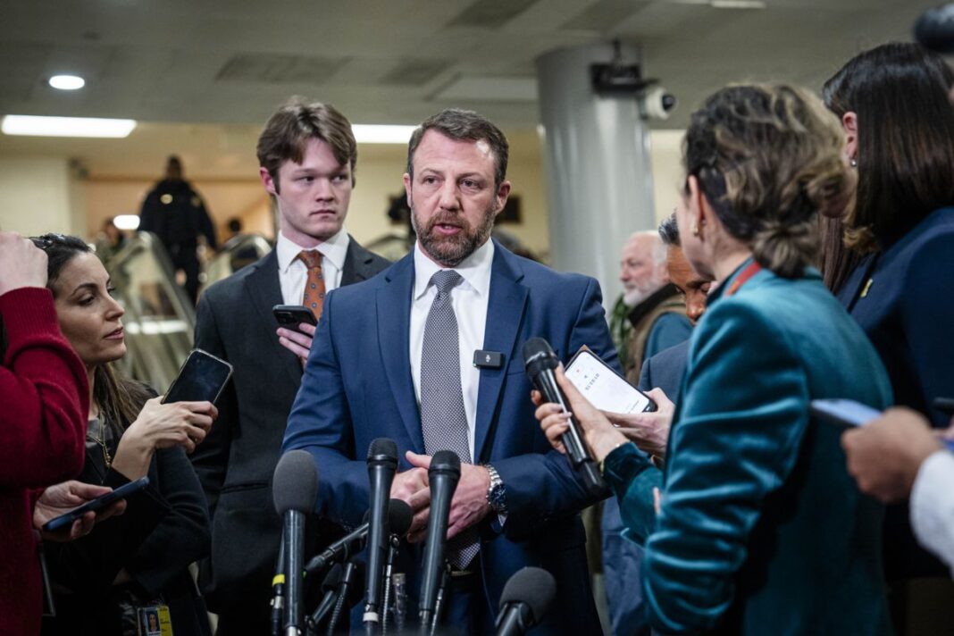 Sen. Markwayne Mullin (R-Okla.) speaks to members of the media on Capitol Hill in Washington on March 3, 2026