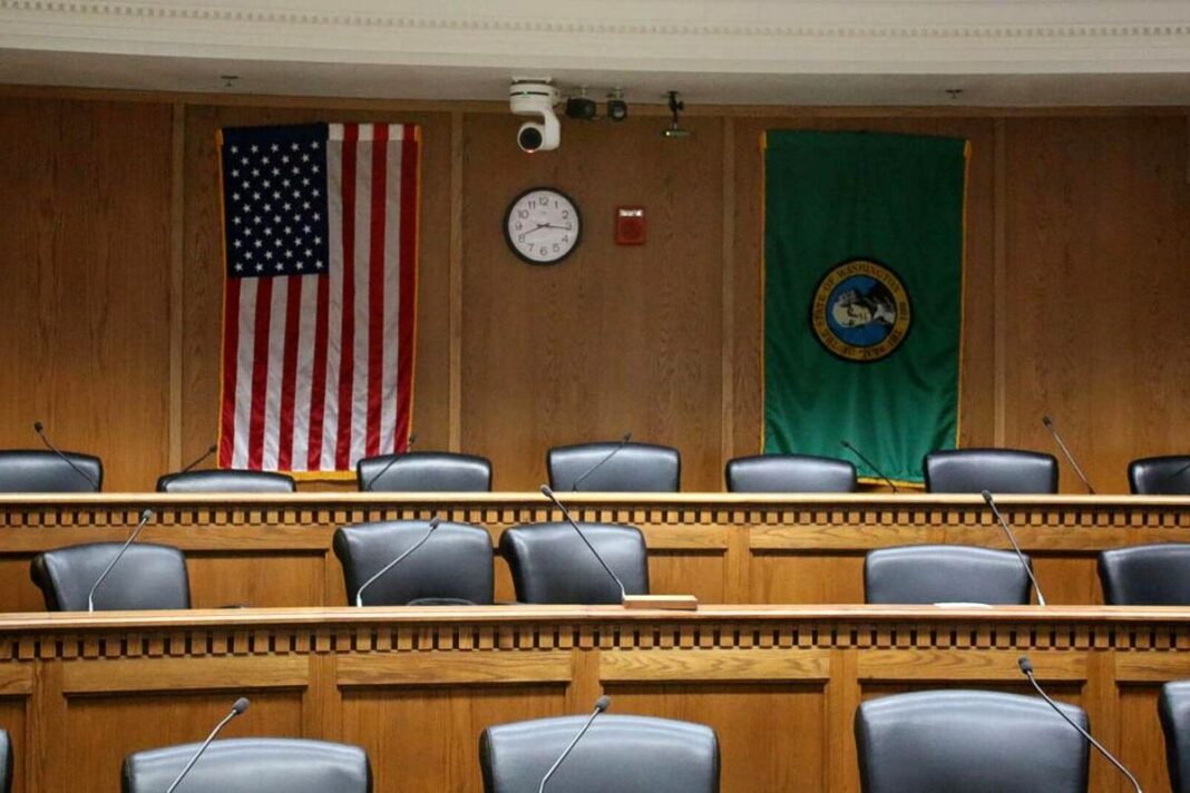 Washington state Senate hearing room inside the Capitol in Olympia.