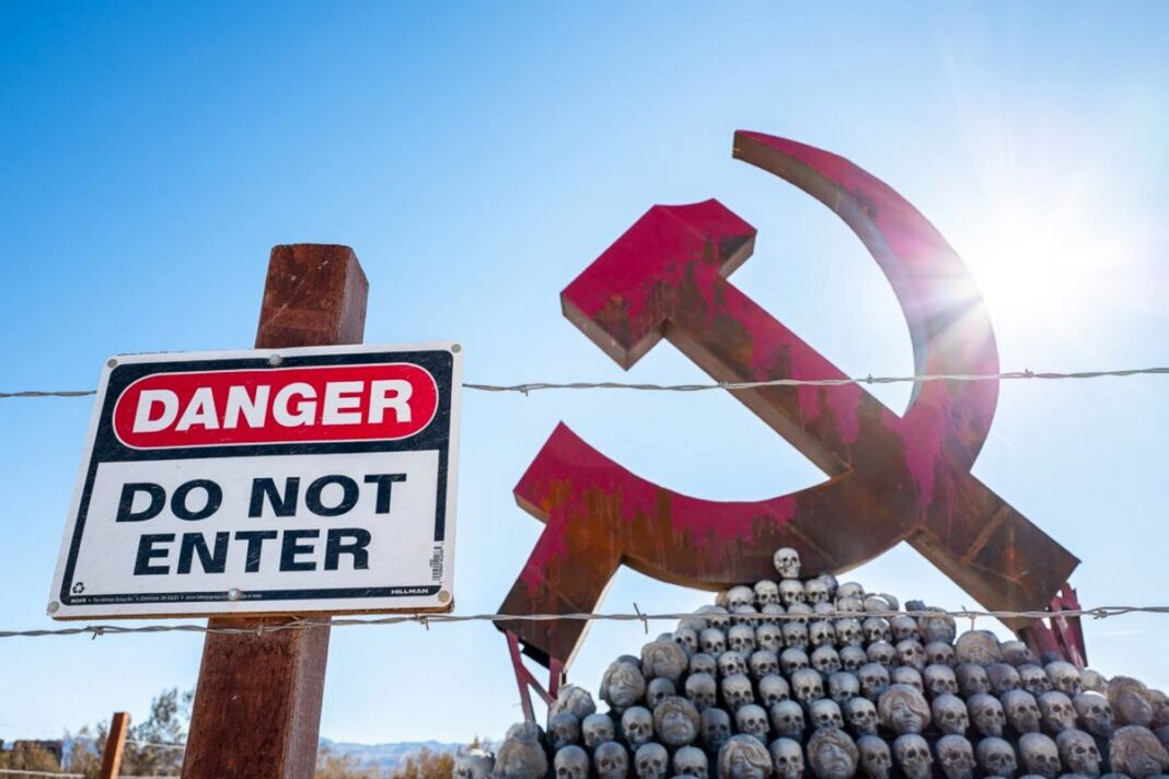 Sangers of communism art piece sits along California's Interstate 15 on Jan. 6, 2025