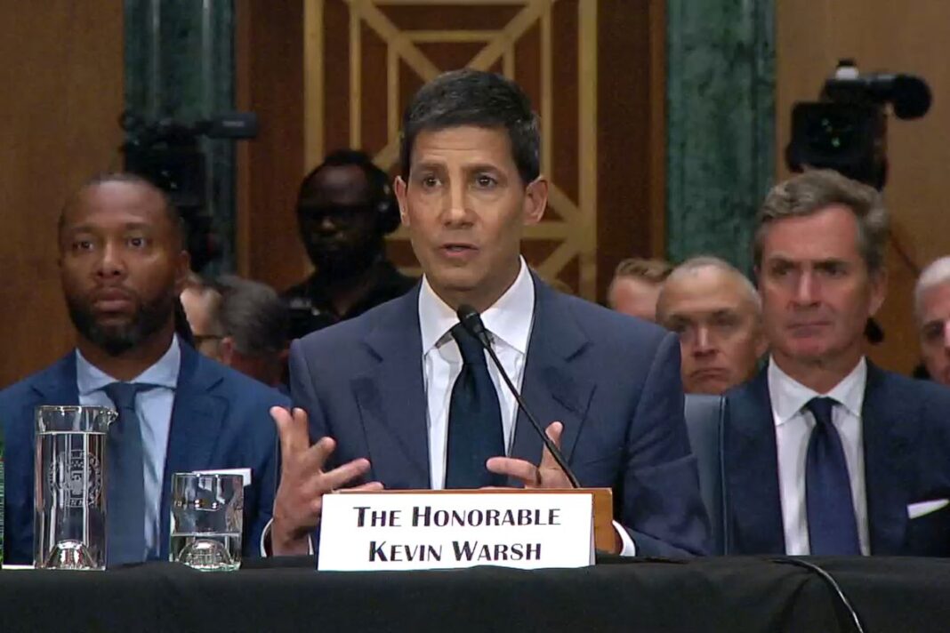 Federal Reserve chair nominee Kevin Warsh testifies at Senate confirmation hearing on April 21, 2026.