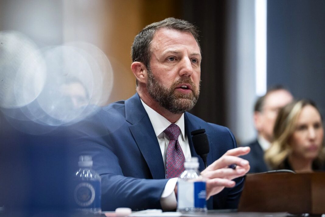 Then-Sen. Markwayne Mullin testifies during his confirmation hearing on March 18, 2026