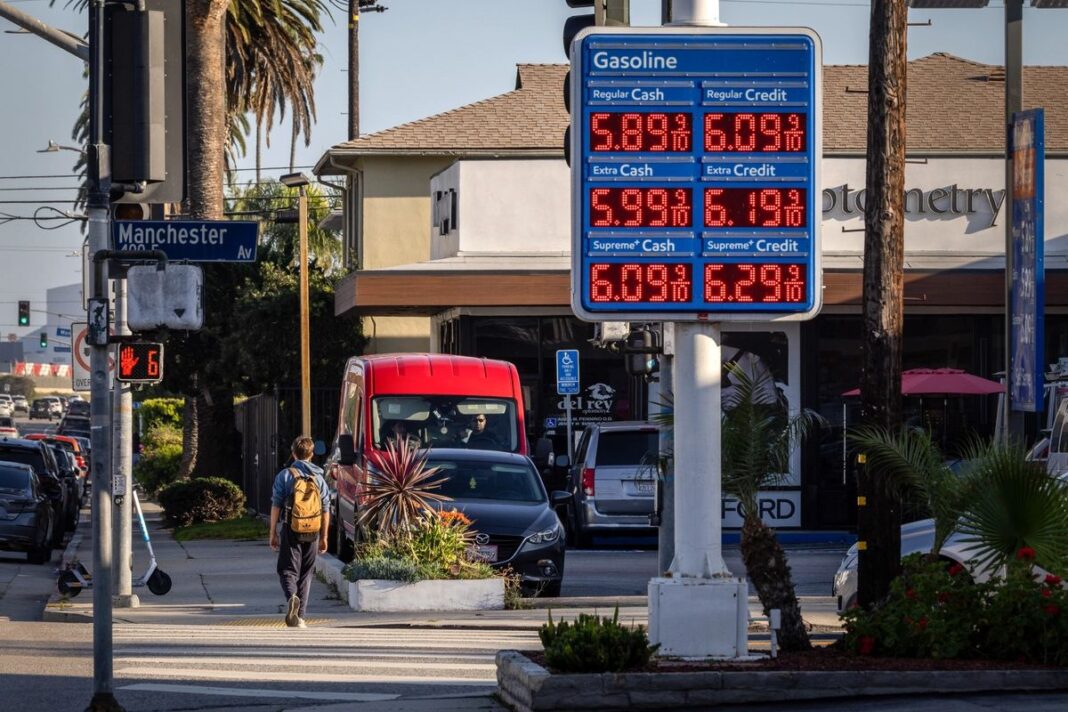 A gas station in Los Angeles displays prices of gasoline on March 11, 2026.