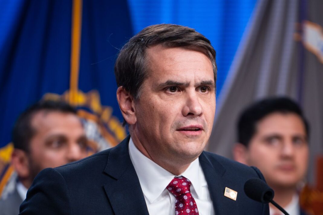Deputy AG Todd Blanche speaks during a news conference at the U.S. DOJ in DC on Nov. 19, 2025.