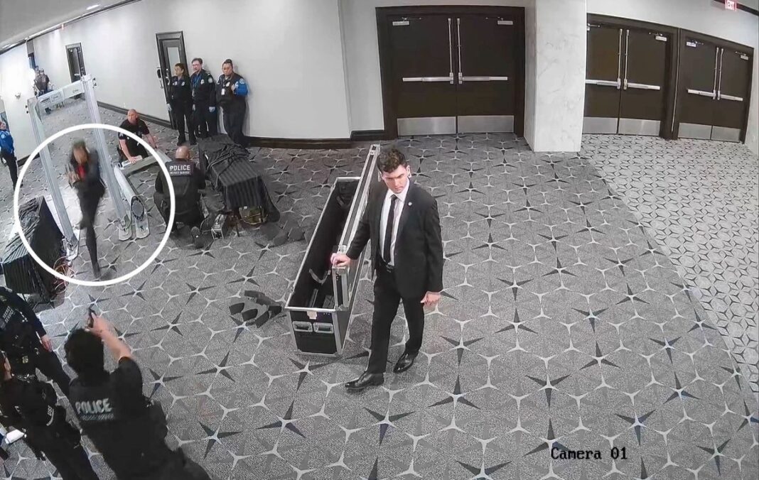 A screenshot from a video that allegedly shows Cole Allen shooting a Secret Service officer at WHCD.