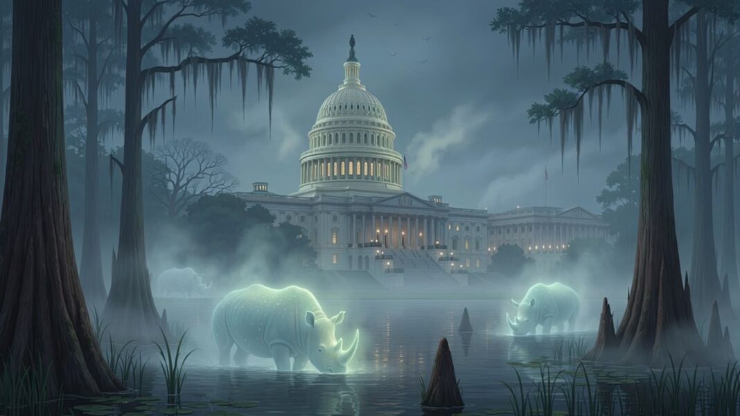 Washington DC swamp with disappearing Rinos
