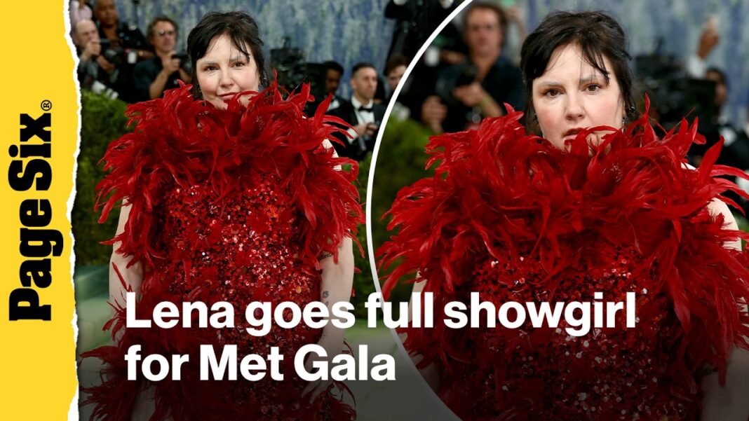 Lena Dunham goes full showgirl in red feathers and sequins on Met Gala 2026 red carpet